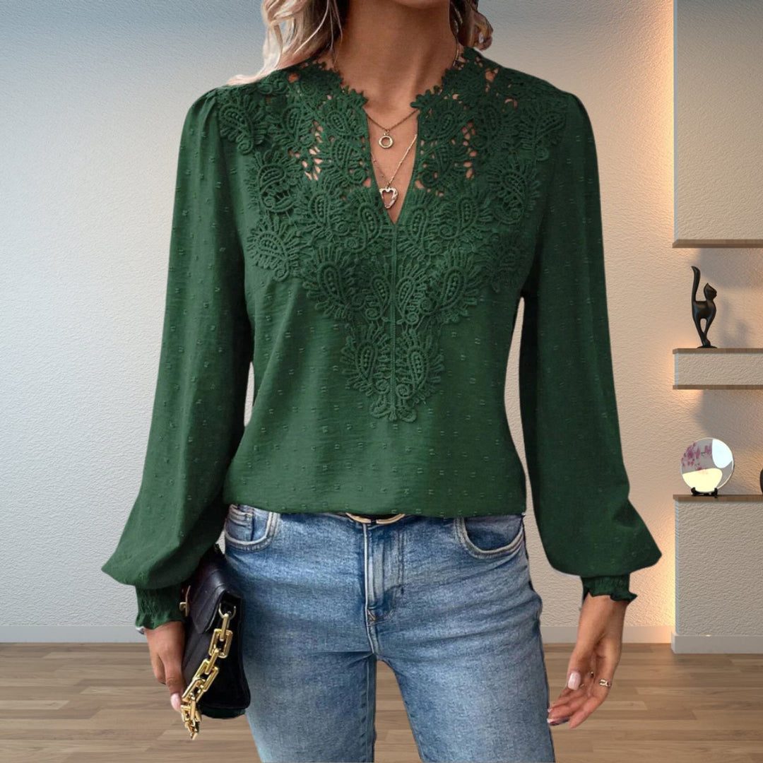 Damen Elegante Spitzenbesatz Langarm Bluse V-Ausschnitt - Dark Green