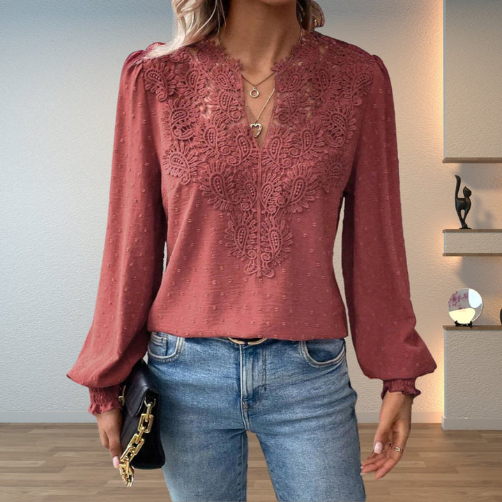 Damen Elegante Spitzenbesatz Langarm Bluse V-Ausschnitt - Dusty Pink