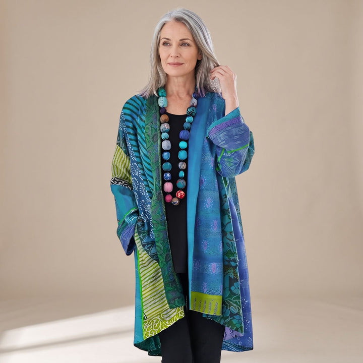 Damen Elegante Strickjacke mit Patchwork-Muster in Langarm - Blau