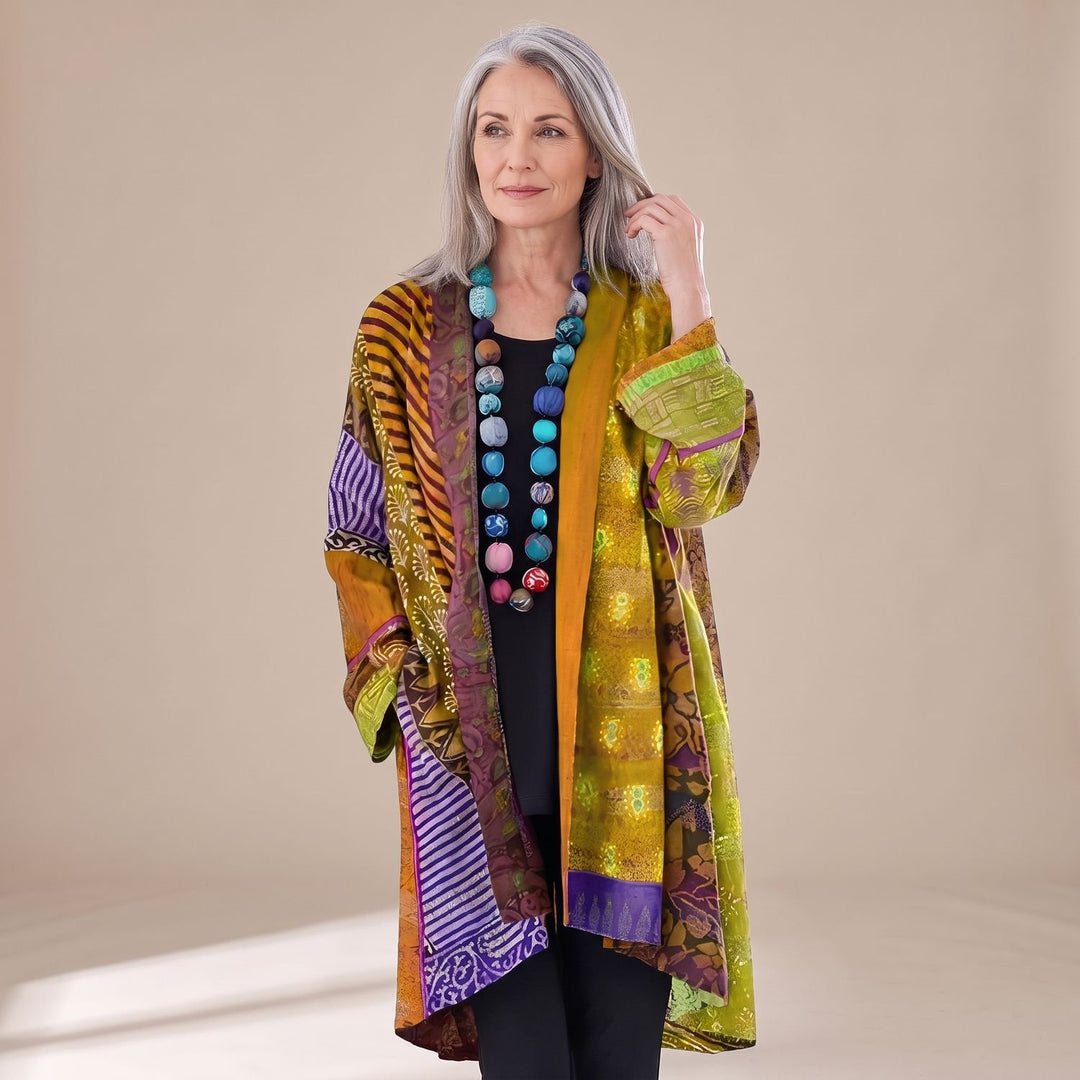 Damen Elegante Strickjacke mit Patchwork-Muster in Langarm - Gelb