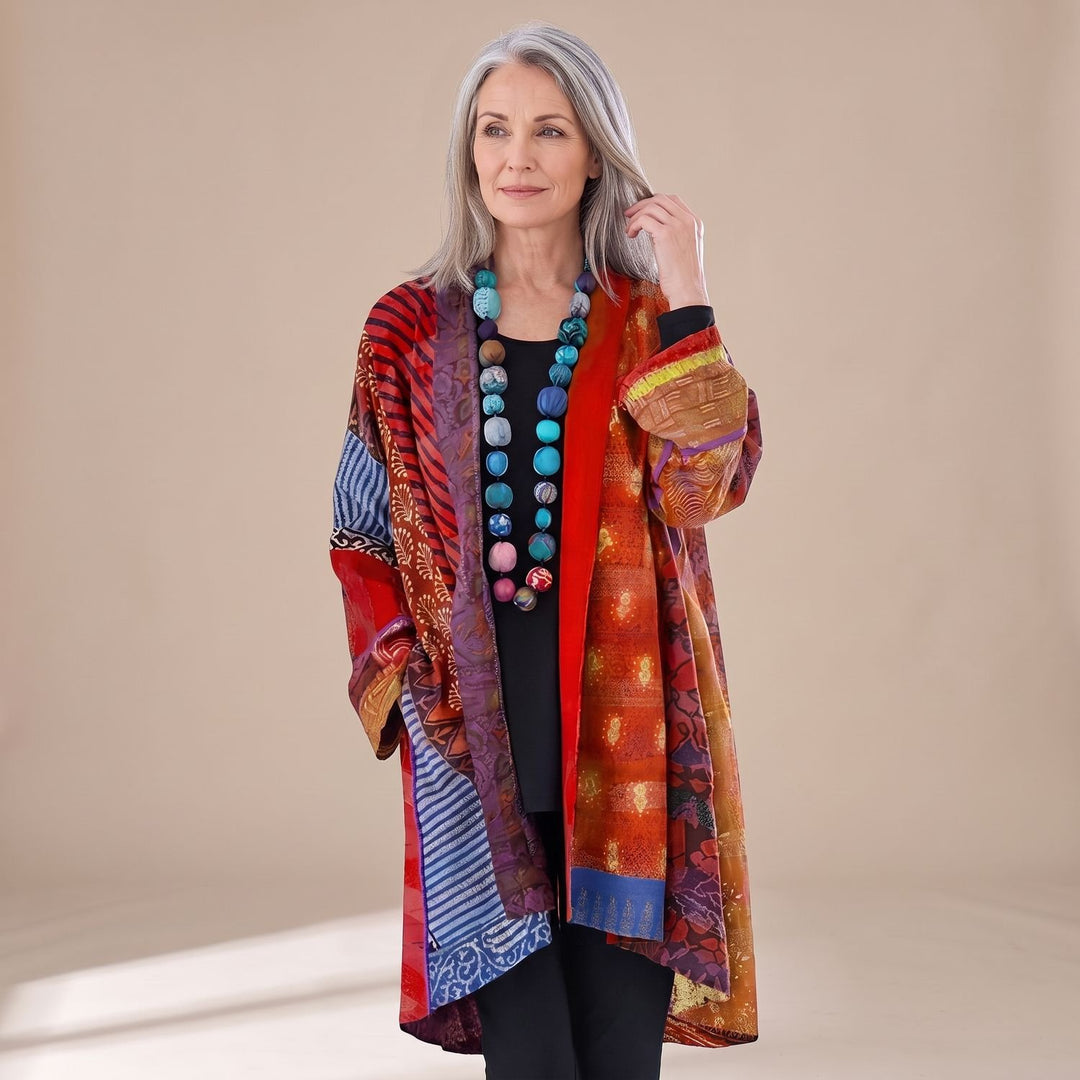 Damen Elegante Strickjacke mit Patchwork-Muster in Langarm - Rot