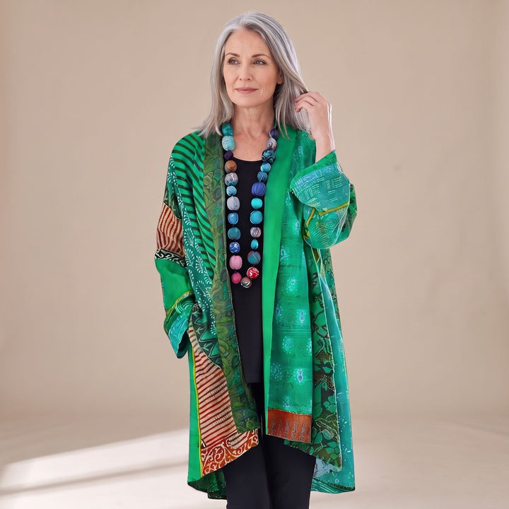Damen Elegante Strickjacke mit Patchwork-Muster in Langarm - Grün
