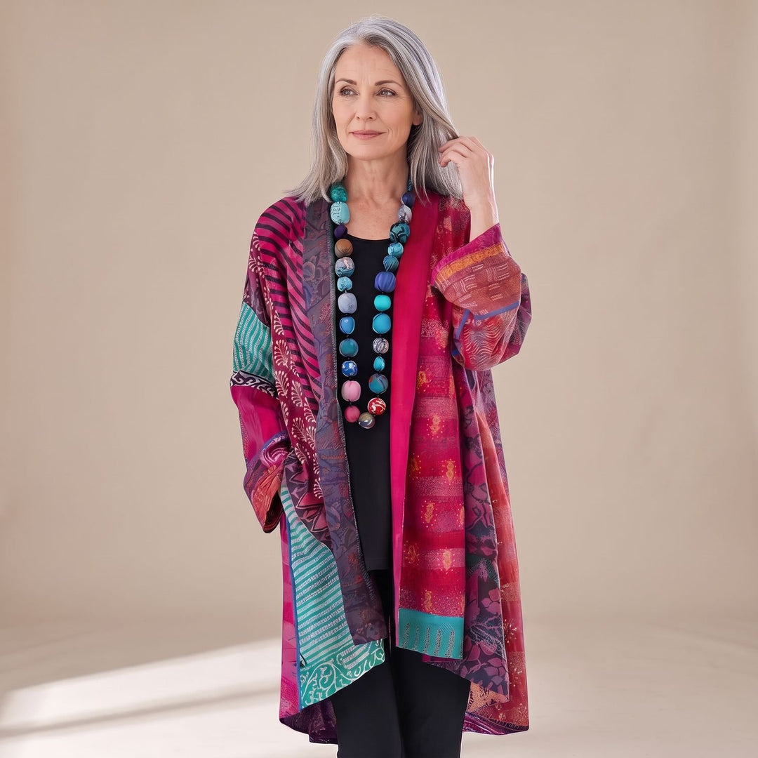 Damen Elegante Strickjacke mit Patchwork-Muster in Langarm - Rosa