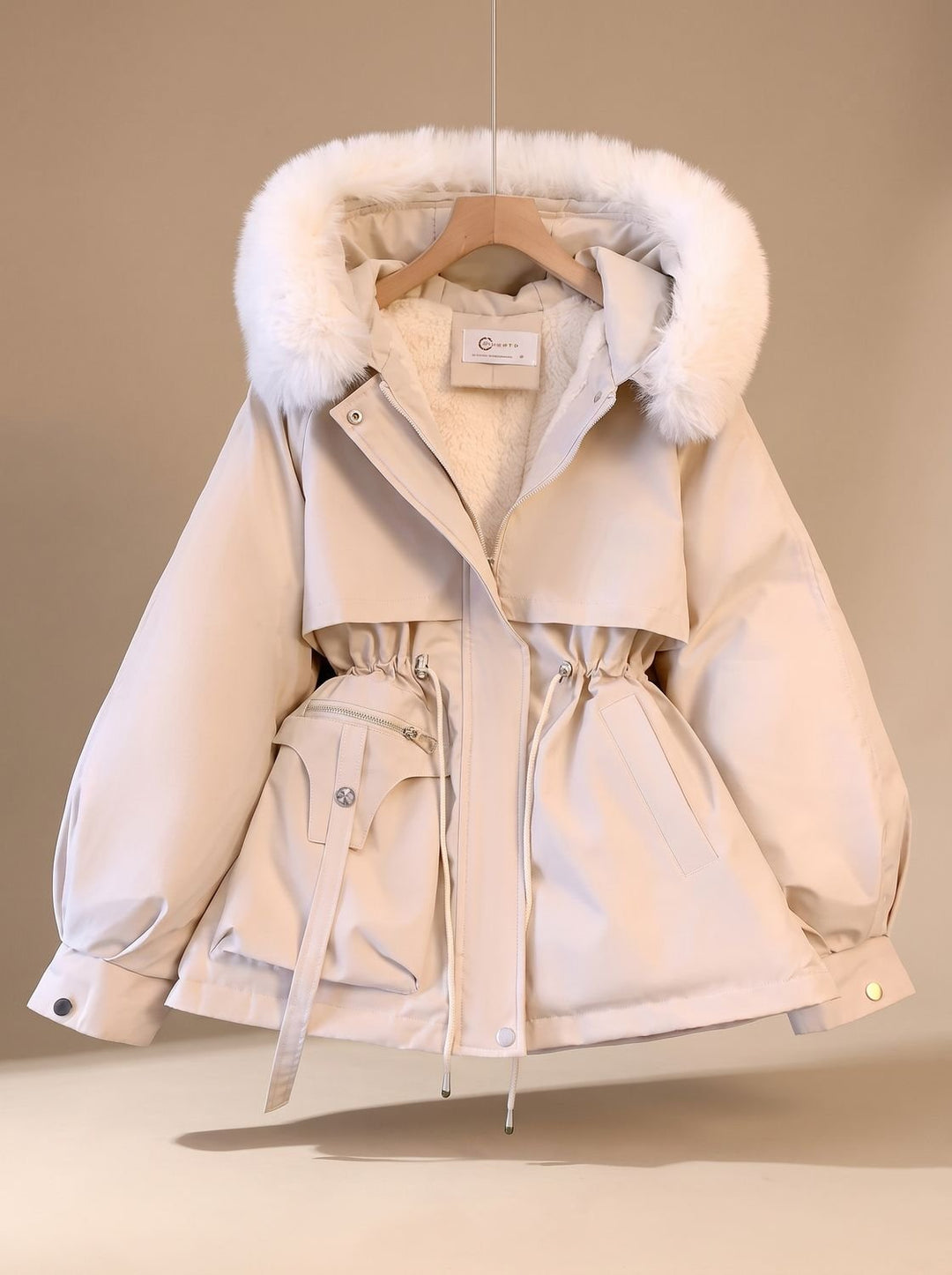 Damen Elegante Winterparka mit Kunstfellkapuze Taillenzug - Weiß