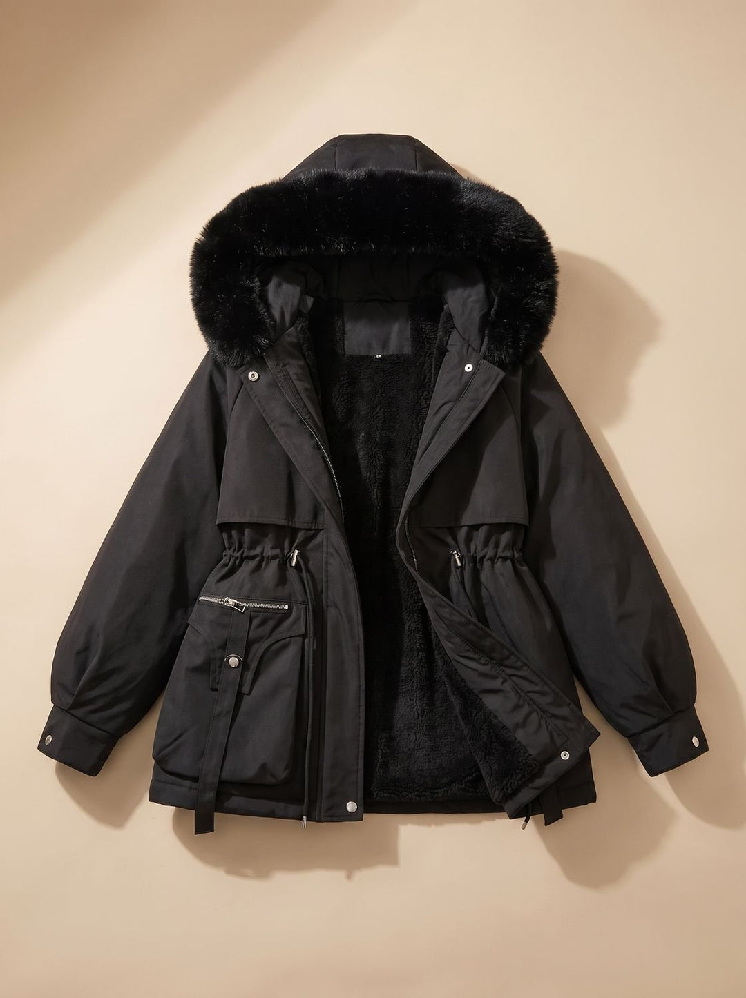 Damen Elegante Winterparka mit Kunstfellkapuze Taillenzug - Schwarz