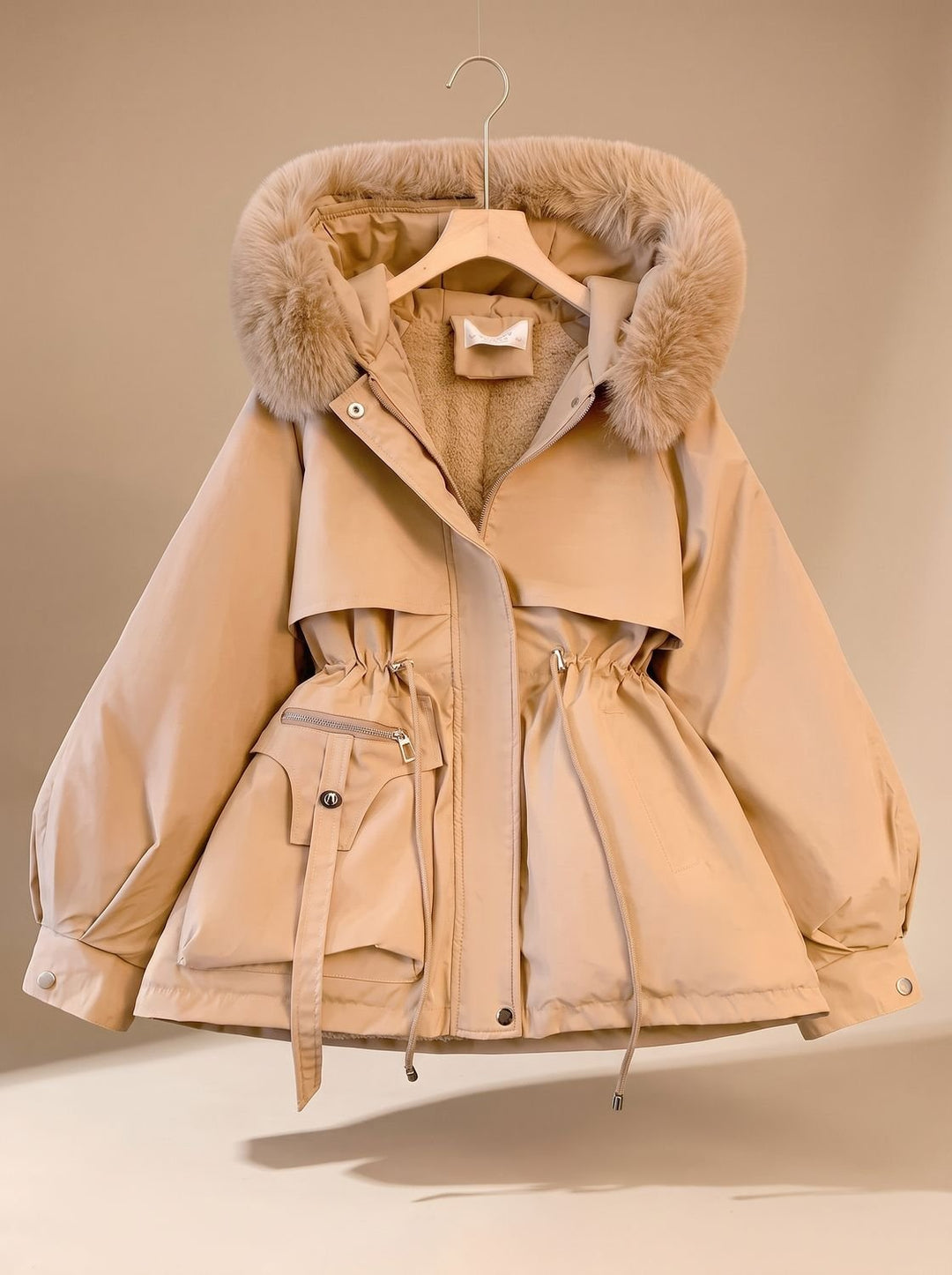 Damen Elegante Winterparka mit Kunstfellkapuze Taillenzug - Khaki