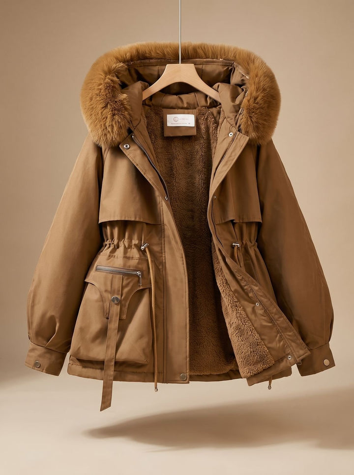 Damen Elegante Winterparka mit Kunstfellkapuze Taillenzug - Braun