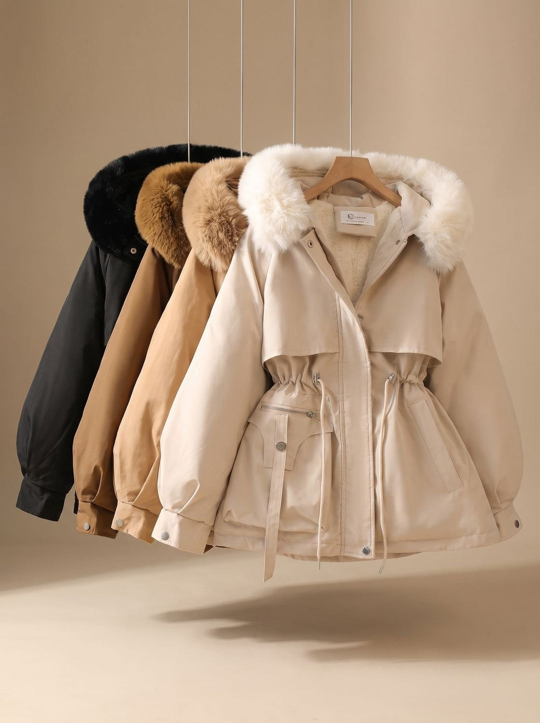 Damen Elegante Winterparka mit Kunstfellkapuze Taillenzug