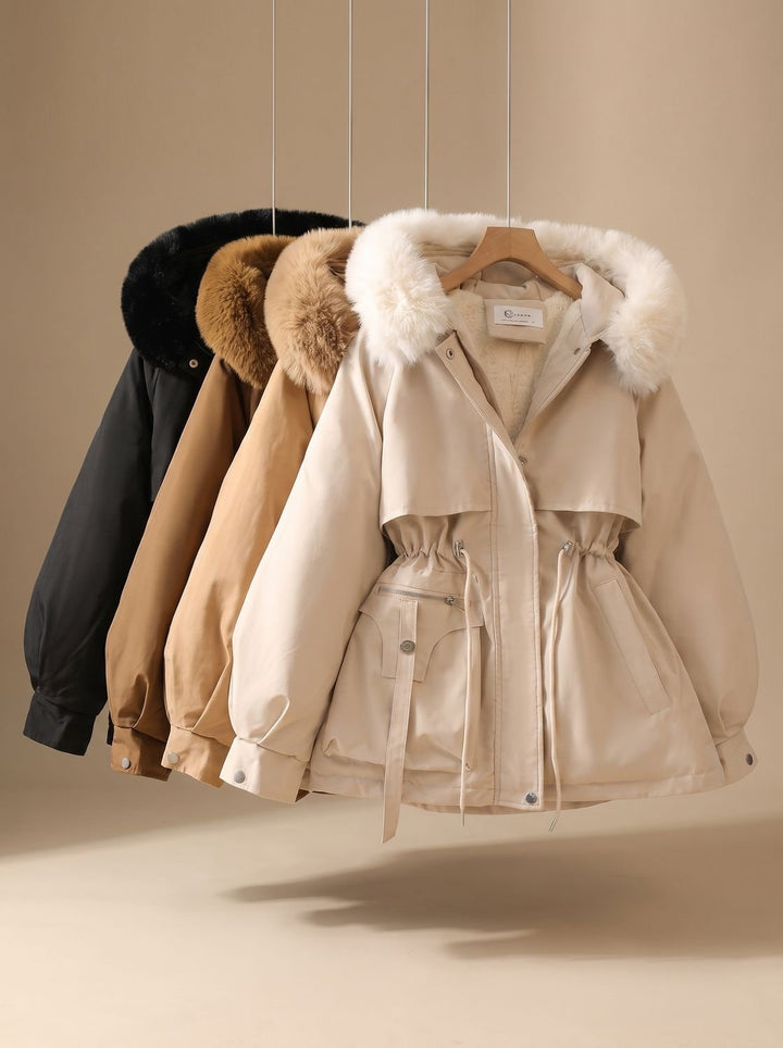 Damen Elegante Winterparka mit Kunstfellkapuze Taillenzug