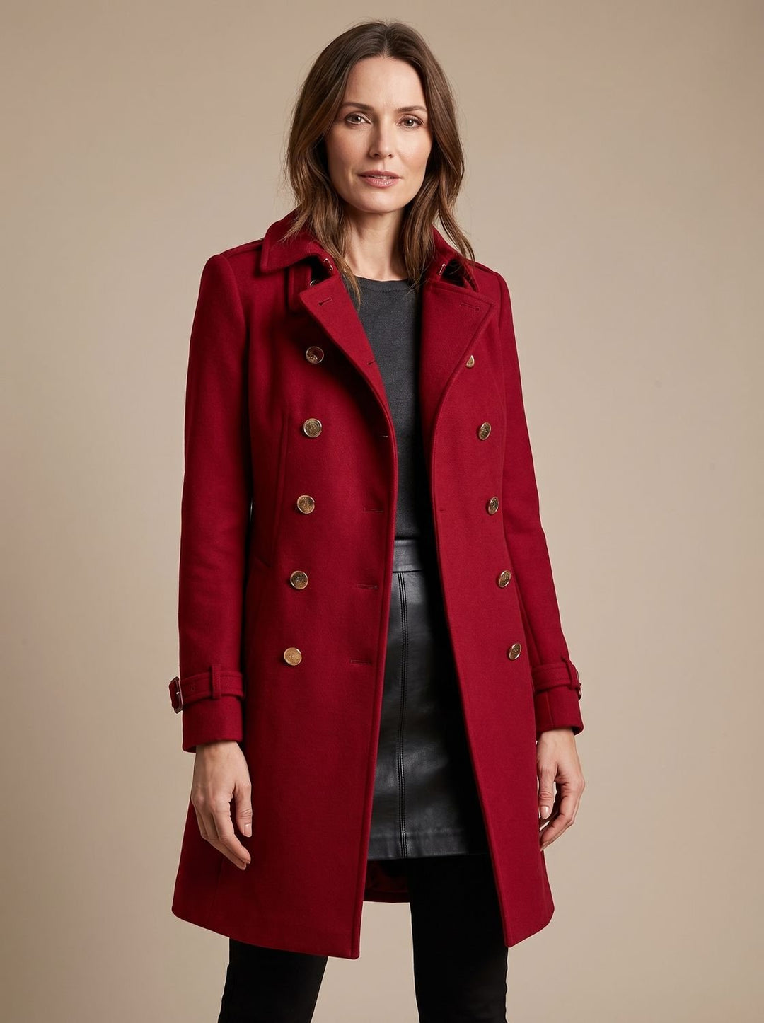 Damen Eleganter Doppelreihiger Wollmantel mit Goldknöpfen - Rot