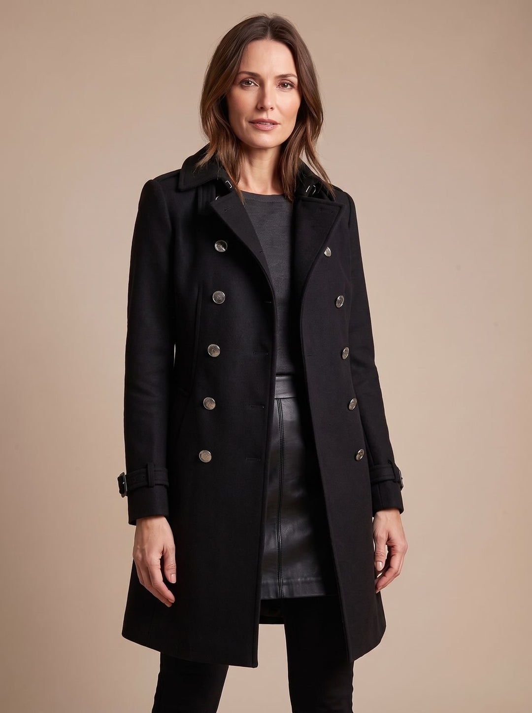 Damen Eleganter Doppelreihiger Wollmantel mit Goldknöpfen - Schwarz