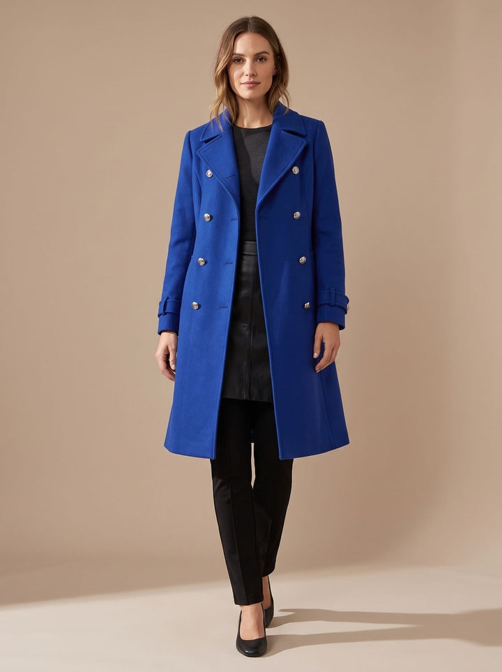 Damen Eleganter Doppelreihiger Wollmantel mit Goldknöpfen - Blau