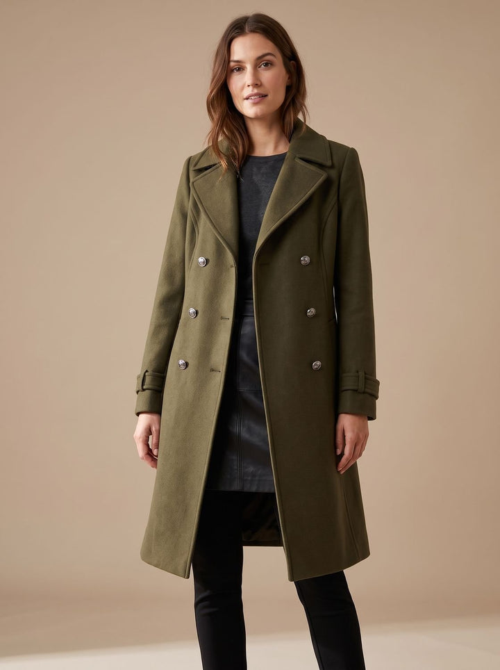 Damen Eleganter Doppelreihiger Wollmantel mit Goldknöpfen - Grün