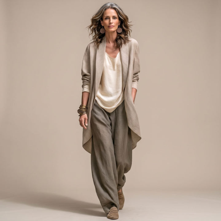Damen Eleganter Dreiteiliger Leinenstruktur-Anzug mit Weitem Bein - Beige-Grau