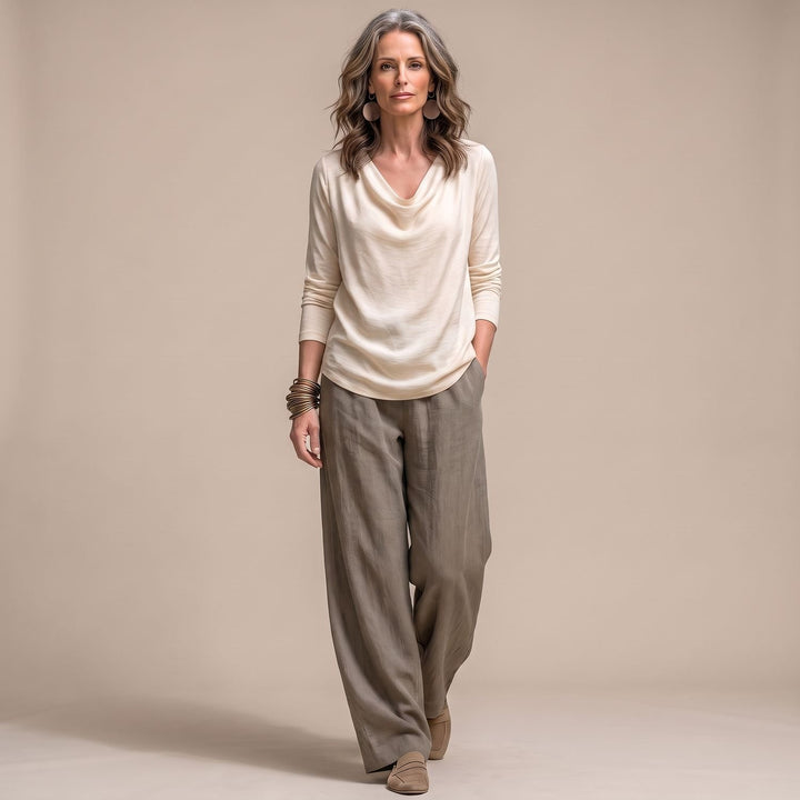 Damen Eleganter Dreiteiliger Leinenstruktur-Anzug mit Weitem Bein