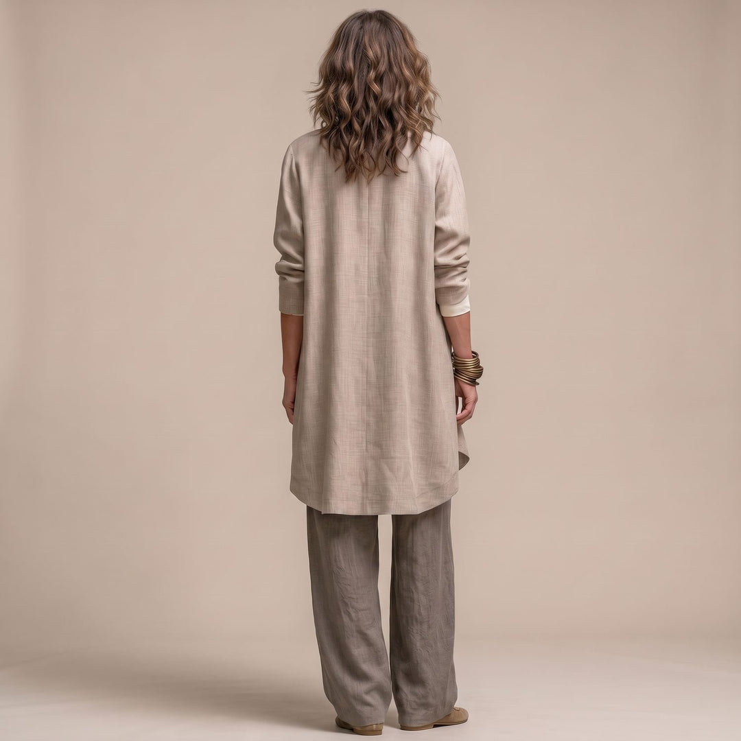 Damen Eleganter Dreiteiliger Leinenstruktur-Anzug mit Weitem Bein