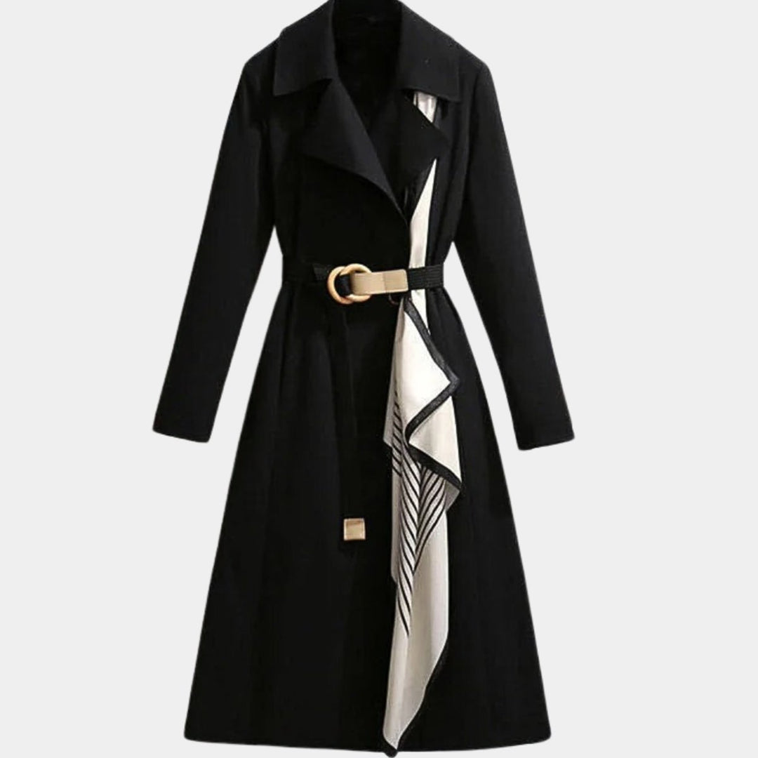 Damen Eleganter Gürtel-Trench Coat Klassischer Midi-Schnitt - Schwarz