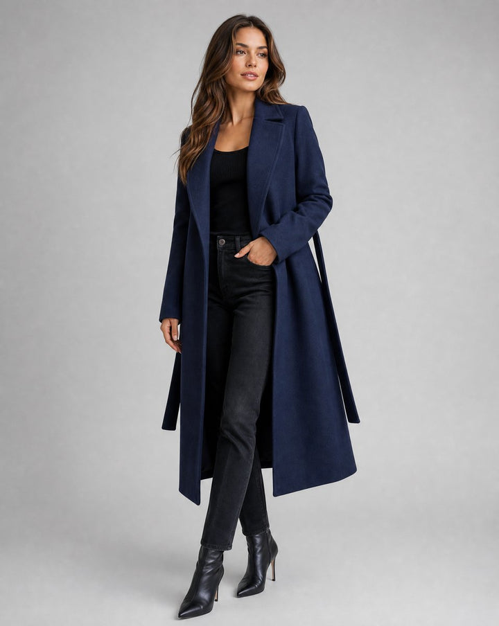 Damen Eleganter Gürtel-Wollmix Trench Coat Langer Wintermantel - Navy