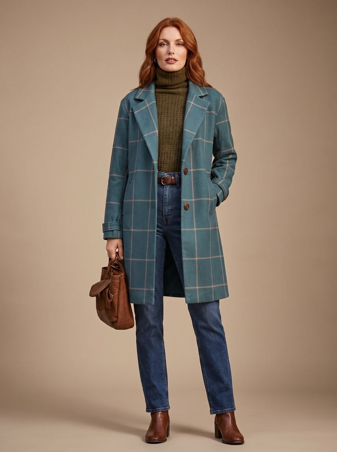 Damen Eleganter Karierter Winter Coat Taillierter Mantel