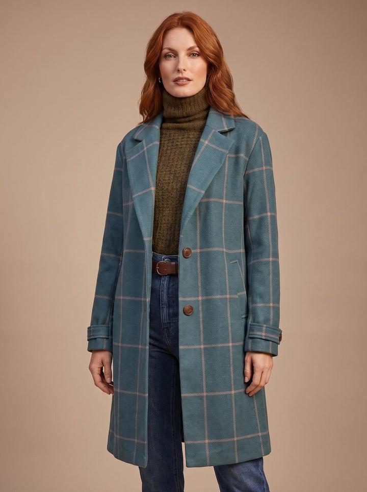 Damen Eleganter Karierter Winter Coat Taillierter Mantel - Dunkelgrün