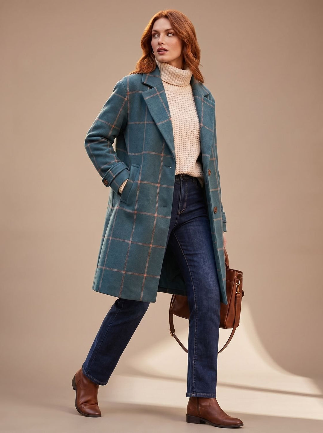 Damen Eleganter Karierter Winter Coat Taillierter Mantel