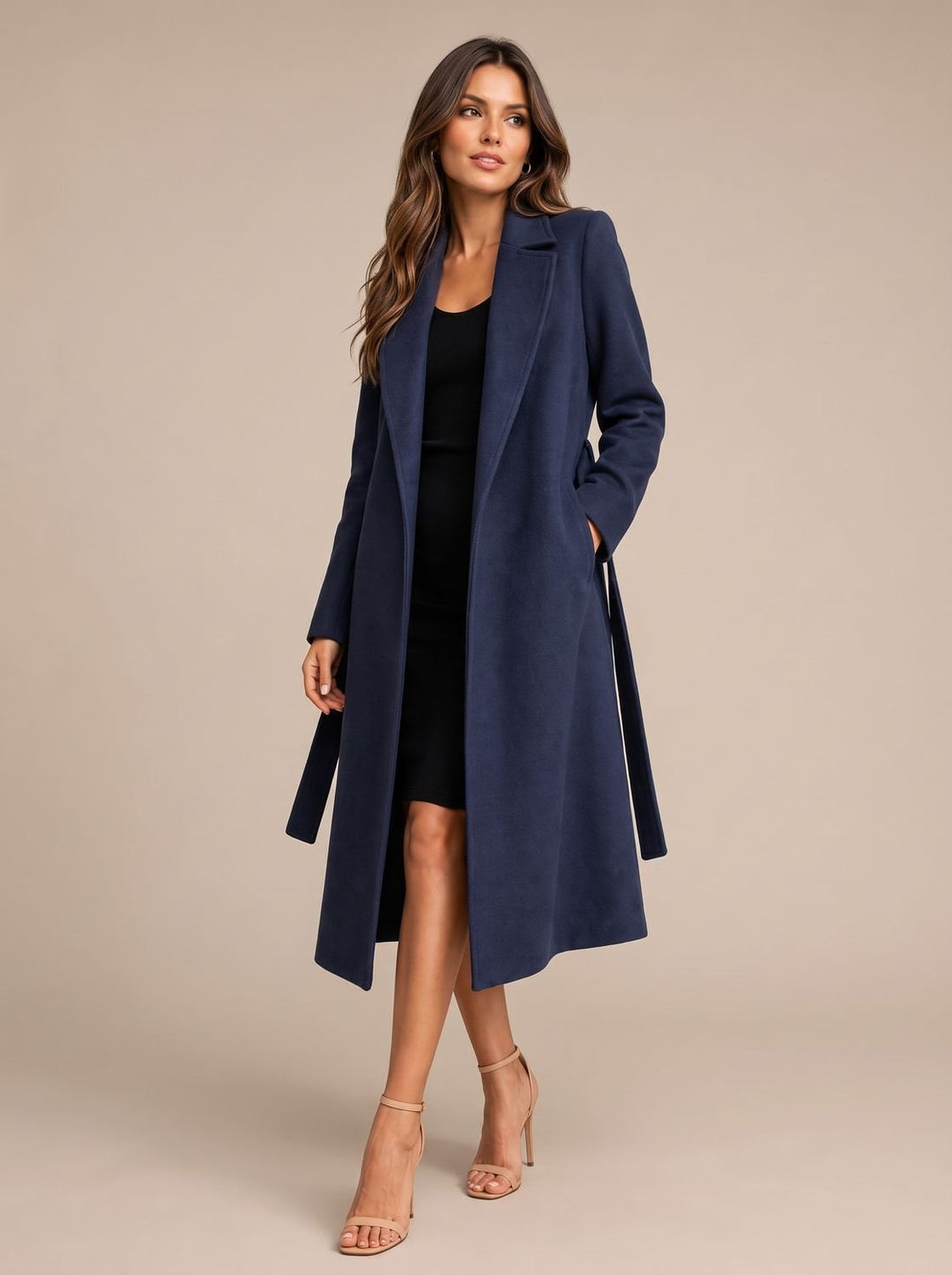 Damen Eleganter Longline Wollmantel mit Bindegürtel Reverskragen
