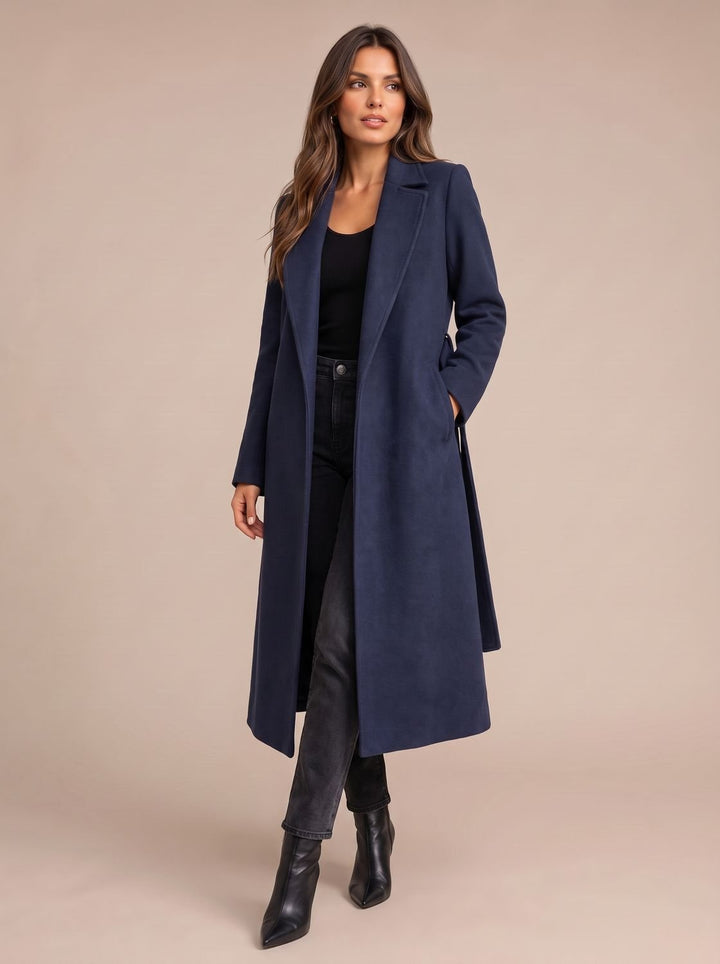 Damen Eleganter Longline Wollmantel mit Bindegürtel Reverskragen