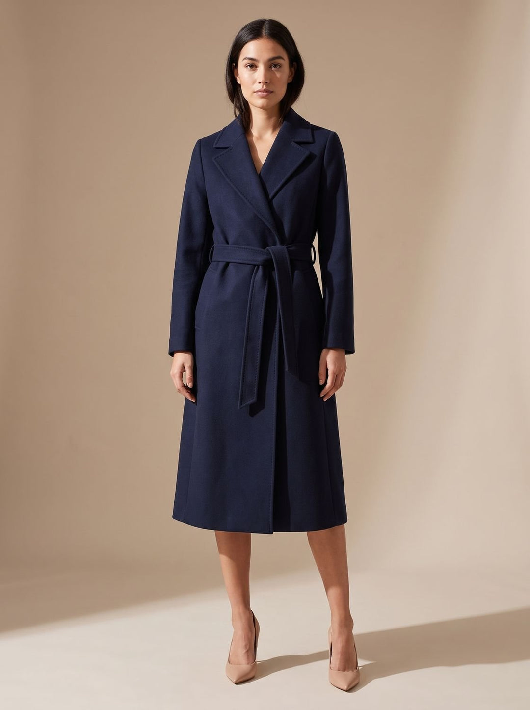 Damen Eleganter Longline Wollmantel mit Bindegürtel Reverskragen