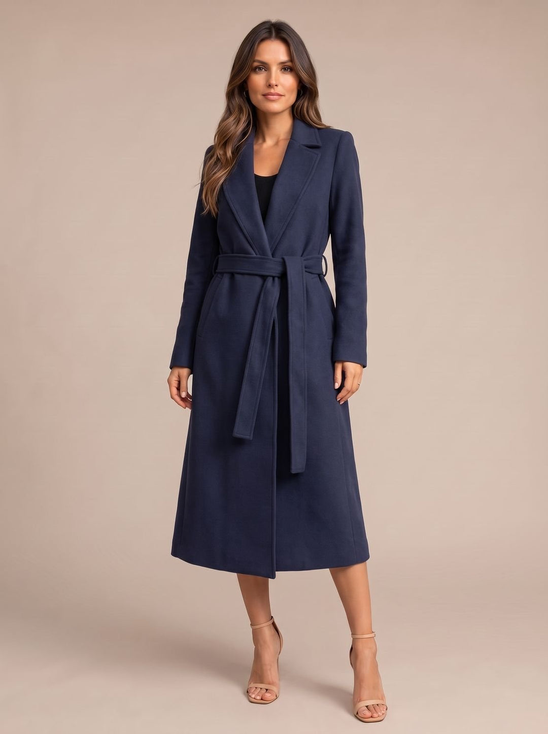 Damen Eleganter Longline Wollmantel mit Bindegürtel Reverskragen
