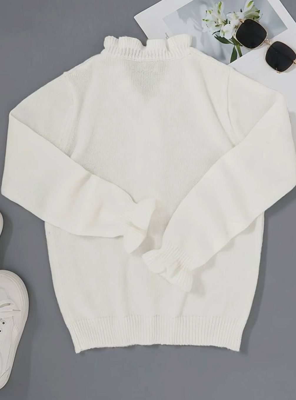 Damen Eleganter Pullover Klassischer Rüschen V-Ausschnitt Strickjacke
