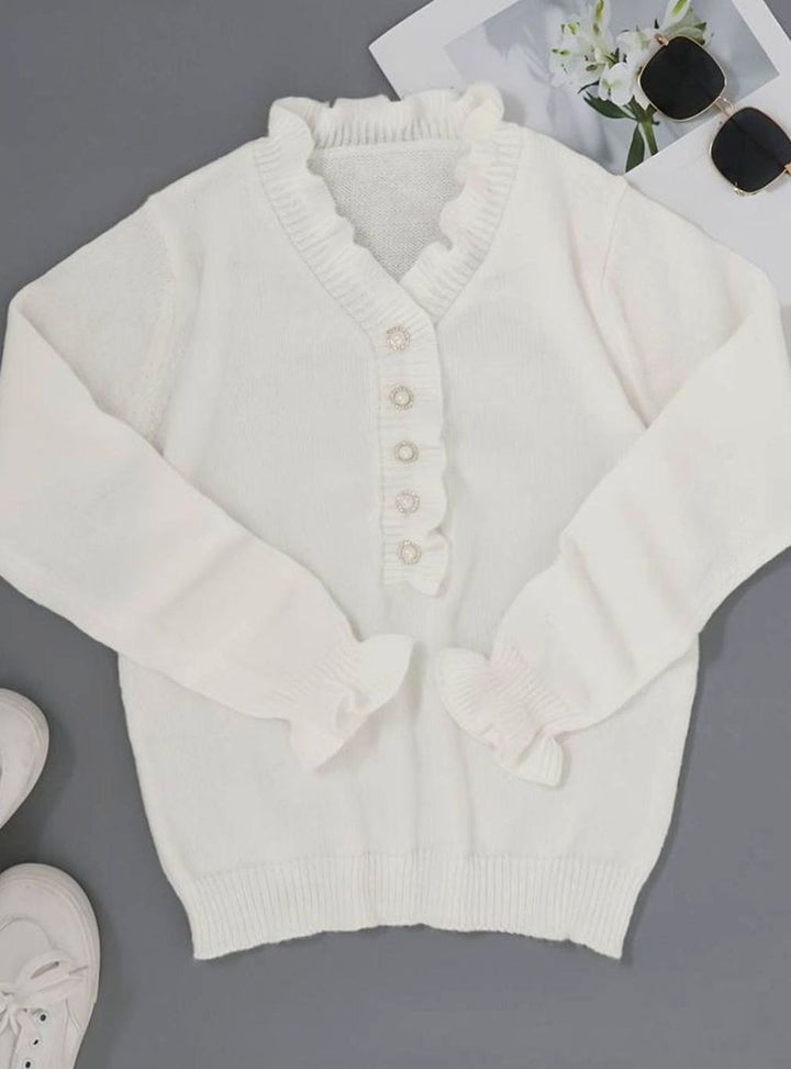 Damen Eleganter Pullover Klassischer Rüschen V-Ausschnitt Strickjacke