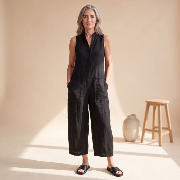 Damen Eleganter Ärmelloser Jumpsuit mit Weitem Bein und Taschen - Schwarz