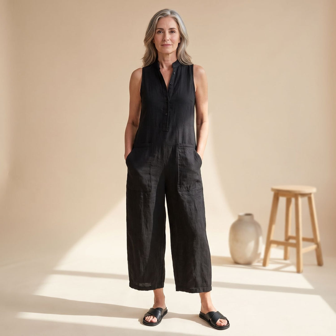 Damen Eleganter Ärmelloser Jumpsuit mit Weitem Bein und Taschen