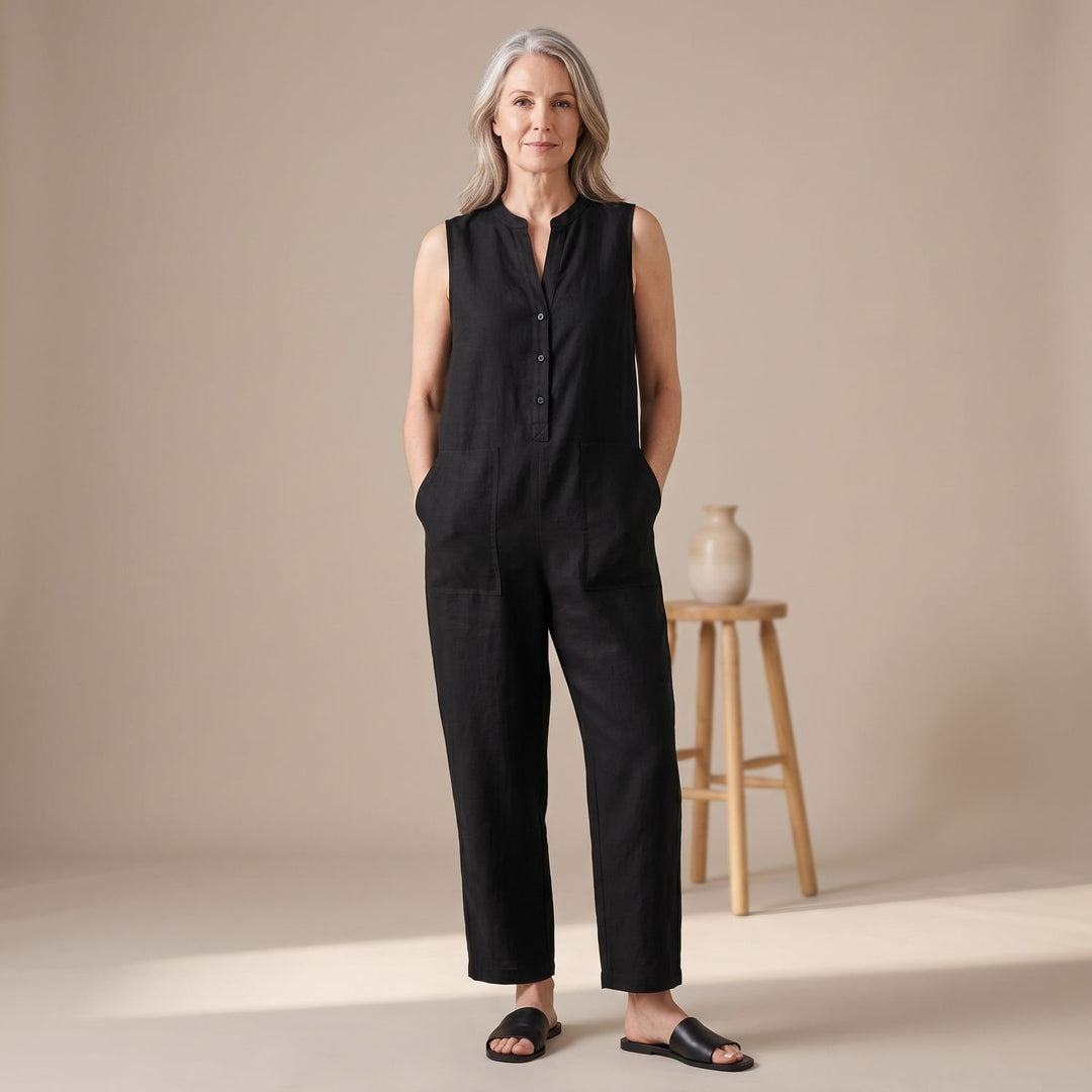 Damen Eleganter Ärmelloser Jumpsuit mit Weitem Bein und Taschen