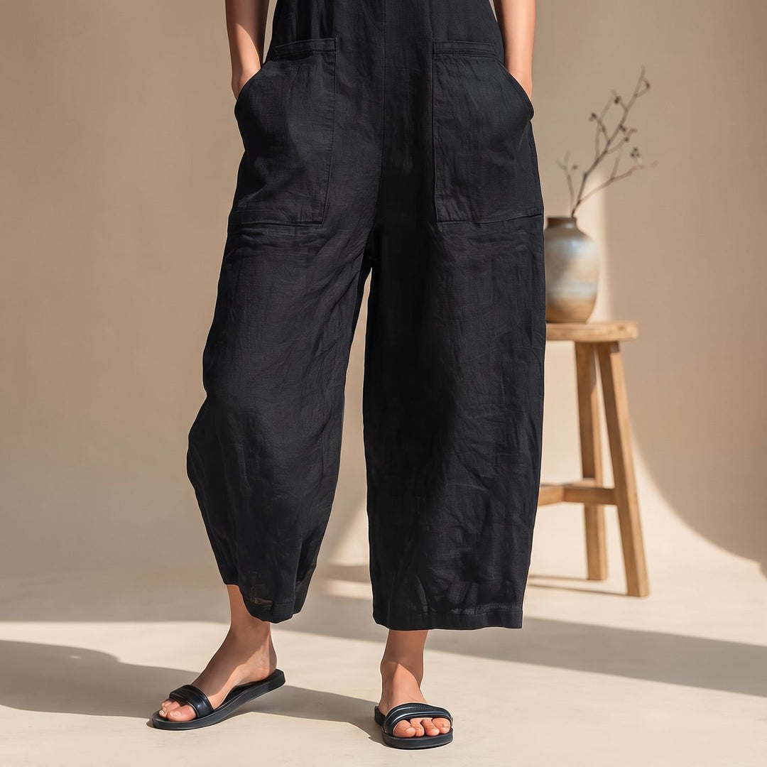 Damen Eleganter Ärmelloser Jumpsuit mit Weitem Bein und Taschen