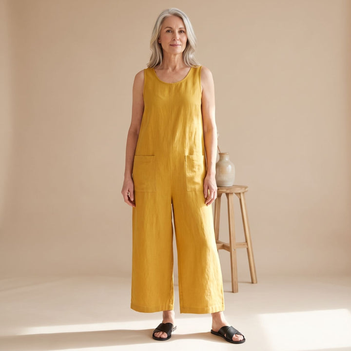 Damen Eleganter Ärmelloser Jumpsuit mit Weitem Bein und Taschen - Gelb