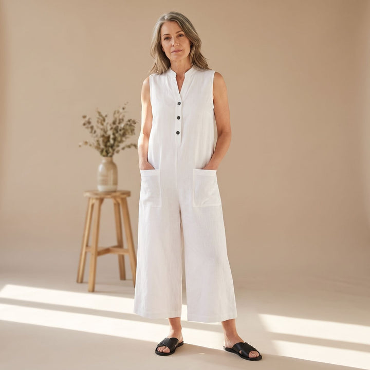 Damen Eleganter Ärmelloser Jumpsuit mit Weitem Bein und Taschen - Weiß