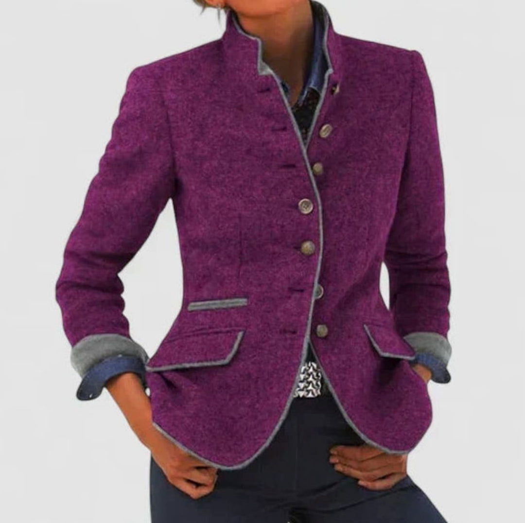Damen Eleganter Stehkragen-Blazer mit Knopfleiste Langarm - Lila