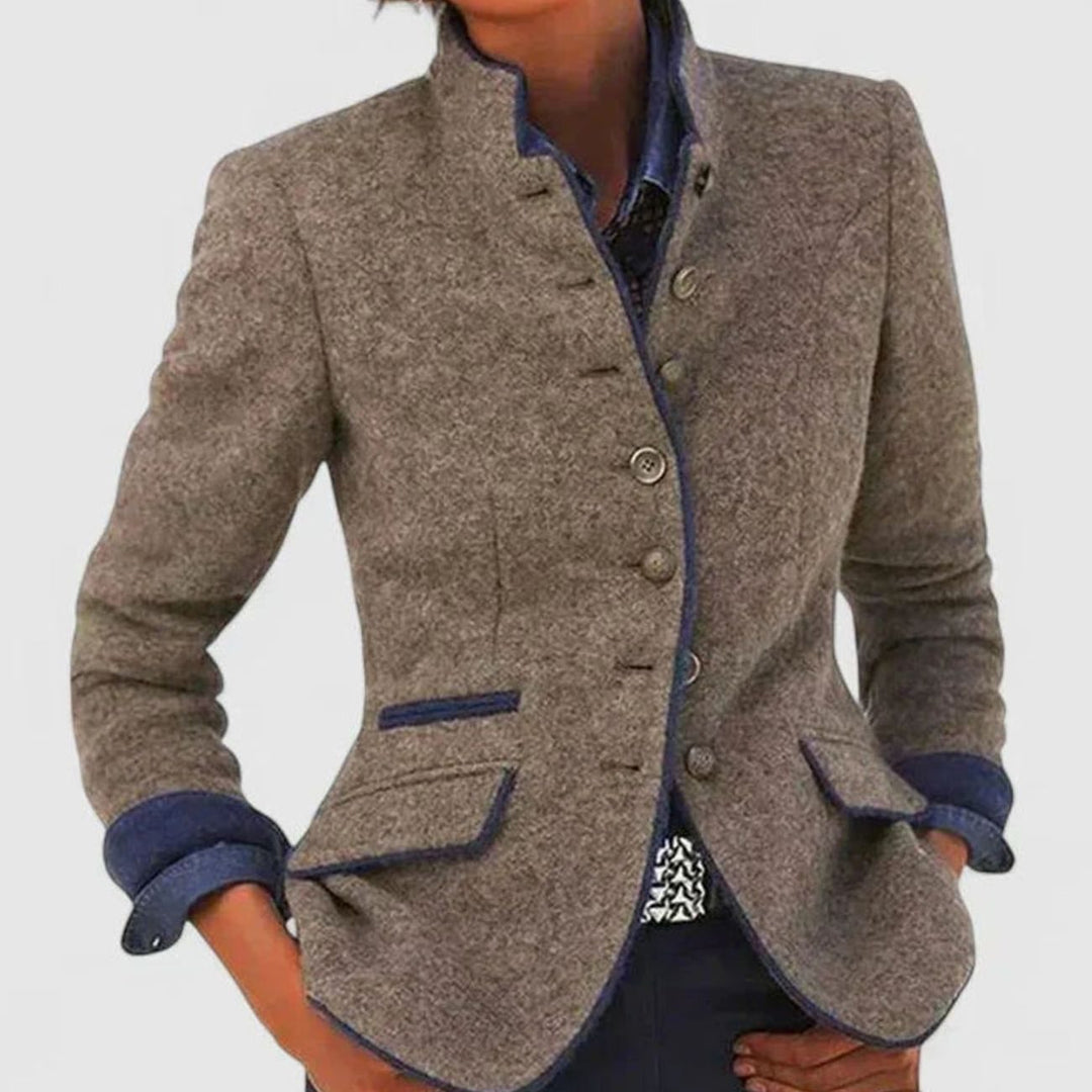 Damen Eleganter Stehkragen-Blazer mit Knopfleiste Langarm - Karamellbraun