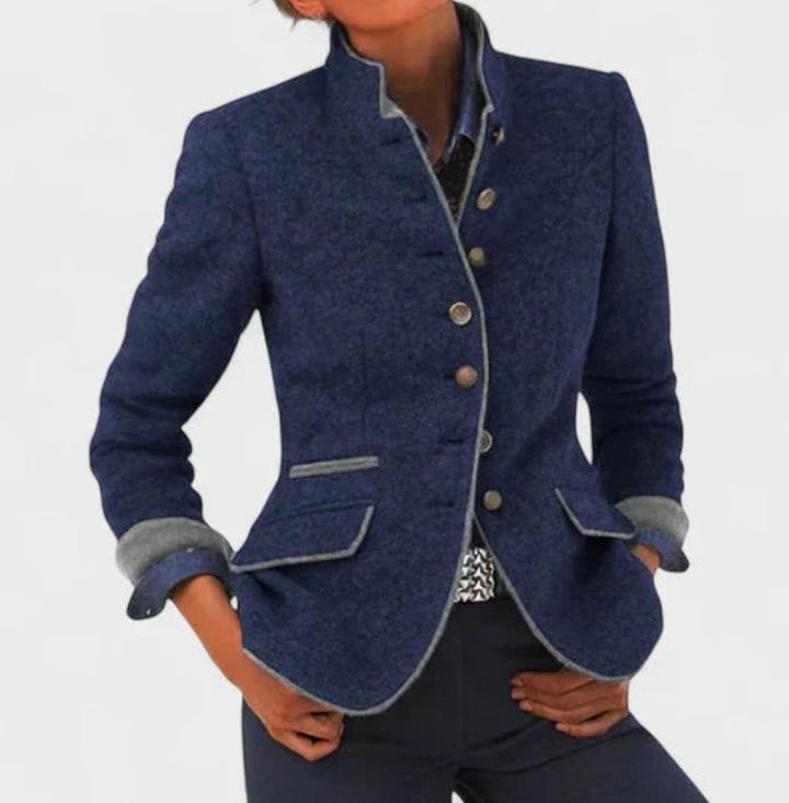 Damen Eleganter Stehkragen-Blazer mit Knopfleiste Langarm - Blau