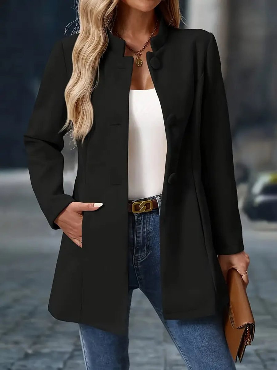 Damen Eleganter Stehkragen Women Coat Figurbetonter Blazer - Schwarz