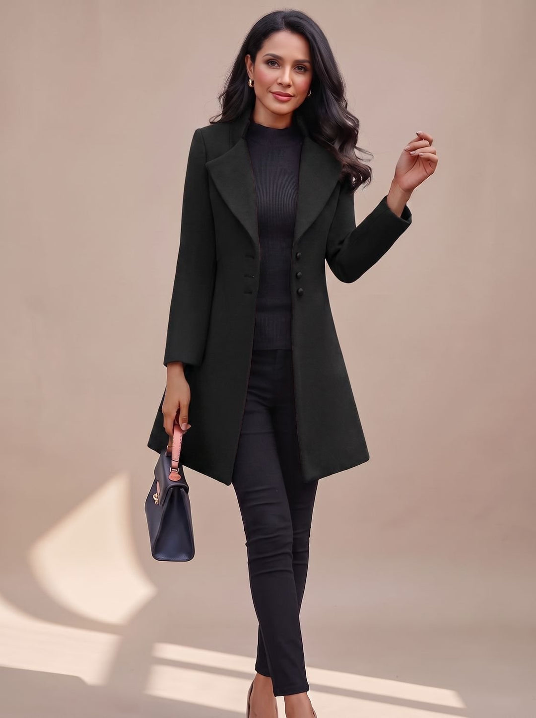 Damen Eleganter Taillierter Trenchcoat mit Reverskragen - Schwarz