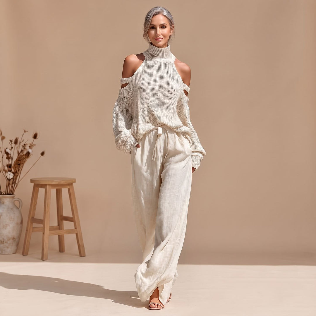Damen Eleganter Zweiteiler Cold-Shoulder Strickpullover Weite Hose - Beige
