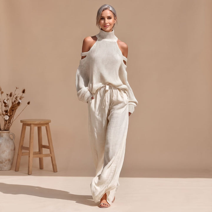 Damen Eleganter Zweiteiler Cold-Shoulder Strickpullover Weite Hose - Beige
