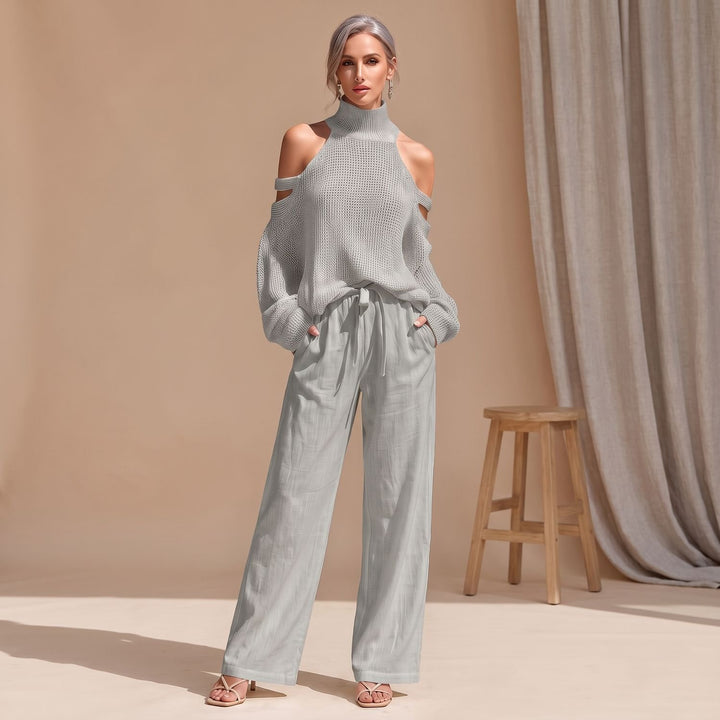 Damen Eleganter Zweiteiler Cold-Shoulder Strickpullover Weite Hose - Grau