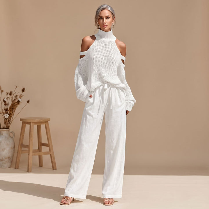 Damen Eleganter Zweiteiler Cold-Shoulder Strickpullover Weite Hose - Weiß