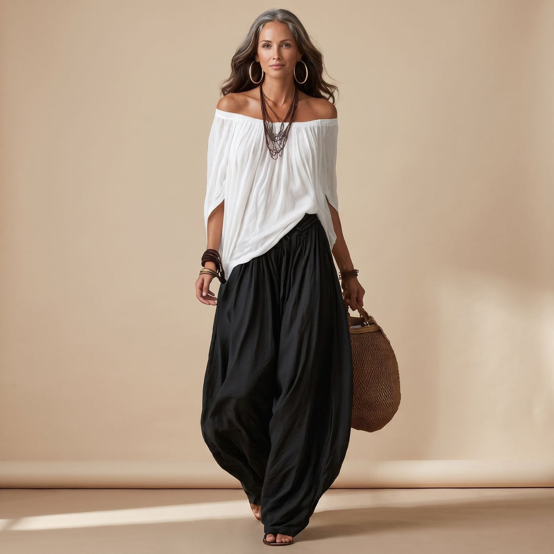 Damen Eleganter Zweiteiler Off-Shoulder Top Puffärmel Weite Haremshose - Weiß
