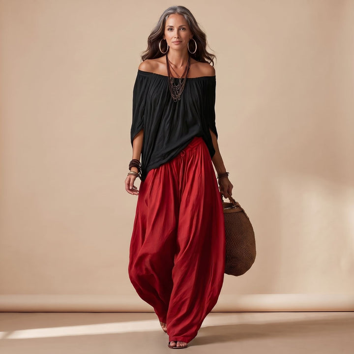 Damen Eleganter Zweiteiler Off-Shoulder Top Puffärmel Weite Haremshose - Schwarz Rot