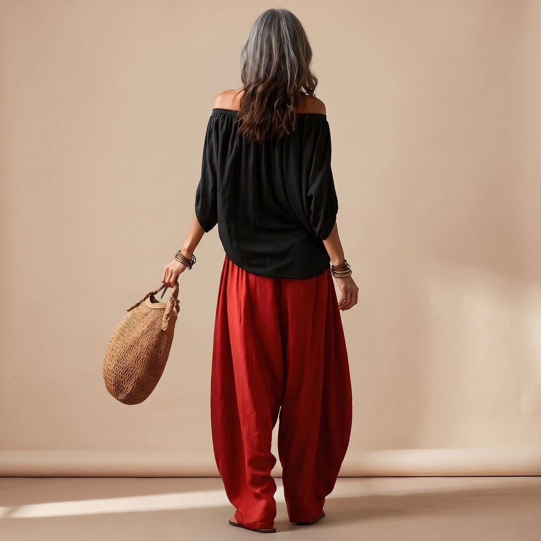 Damen Eleganter Zweiteiler Off-Shoulder Top Puffärmel Weite Haremshose