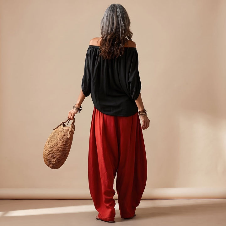 Damen Eleganter Zweiteiler Off-Shoulder Top Puffärmel Weite Haremshose